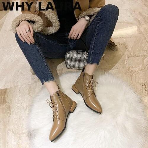 Womens winter 2021 Fashion low boot womens warm pointed leather shoes with artificial fleece thick soled ankle boots