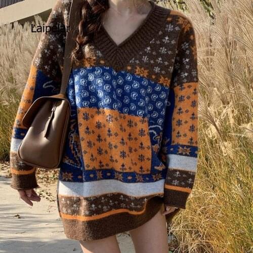 Vintage Print Sweater Women O Neck Pullover Long Sleeve Pull Autumn Winter 2021 New Loose Warm Outwear