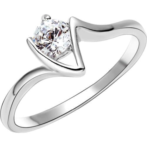 Silver Color Big Round Crystal Rings For Women V Shape Ring Fashion Wedding Bride Jewelry Engagement Bijouterie Female