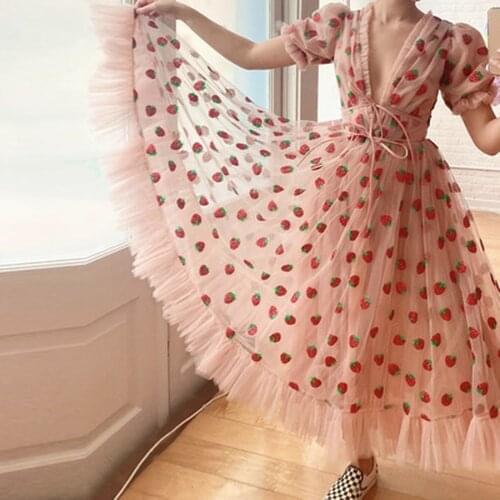 Womens Summer Sweet Sexy Strawberry Print Sequins Plus Size Maxi Dress 2021 New Elegant Kawaii Party Evening Boho Clothing Mesh