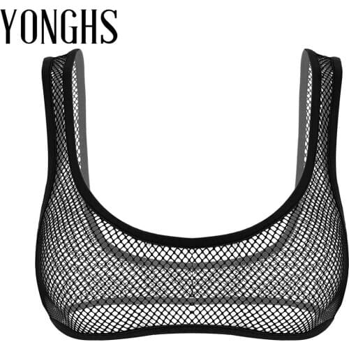 Womens Lingerie Bra Top See Through Fishnet Sexy Crop Top Hollow Out Wide Shoulder Straps Deep U-neckline Vest Tank Top Bra Top