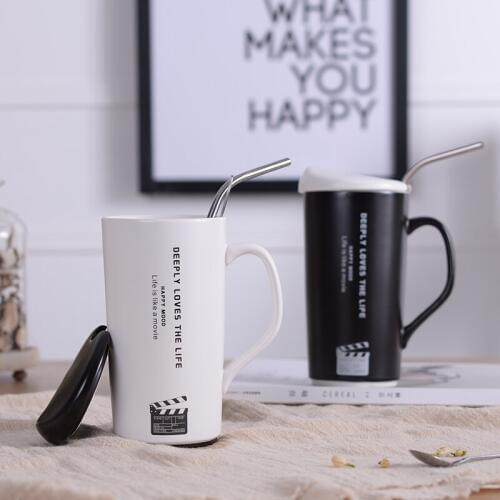 500ml Creative ceramic mugs love life movie mugs large capacity simple couple mug with covere straw