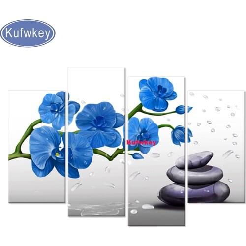 5D DIY Full Square Round Resin Diamond Painting Blue Flower Stone Cross Stitch Embroidery Mosaic 4 Piece Home Wall Decor