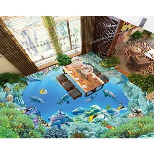 Beibehang HD underwater world floor murals 3D wallpaper floor living room PVC waterproof floor self - adhesive 3d flooring mural