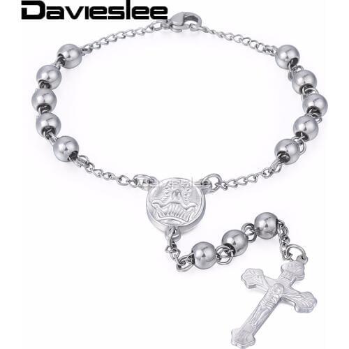 Davieslee Jesus Cross Charm Bracelet for Womens Chain Beaded Rosary Stainless Steel Silver Color 3mm/6mm LKBM155