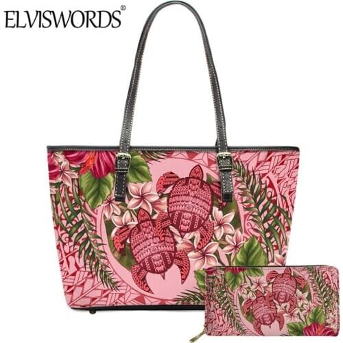 ELVISWORDS Womens Casual Shoulder Handbag Hawaiian Honu Turtle With Plumeria Print Durable Leather Tote and Long Wallet Luxury