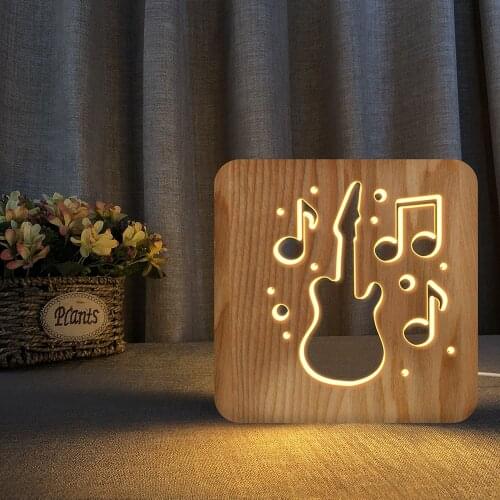 Guitar Music Notes Horn 3D LED Wooden Night Light Hollow Table Lamp USB Power Desk Lights For Baby Kids Decor New Year Gift