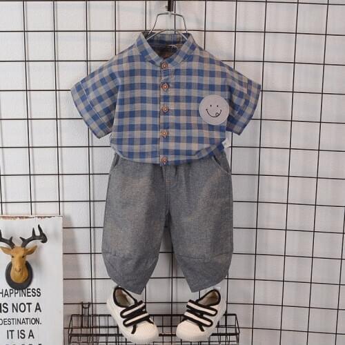 Summer Baby Boys Clothes Cartoon Children Cotton plaid linen Shirts Solid Shorts 2Pcs/sets Outfit Kids Fashion Toddler Tracksuit