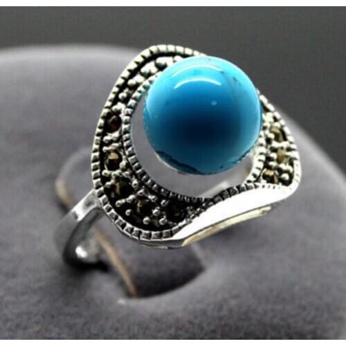Free Shipping wholesale good 13X15MM Vintage 6mm Blue Turquoisers stone Marcasite 925 Sterling Silver Ring Fine mans jewelry G