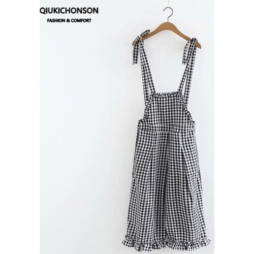 One Piece Outfit Women Kawaii Frilled Plaid Wide Leg Jumpsuit Palazzo Harajuku Soft Girl Summer Rompers combi pantalon femme