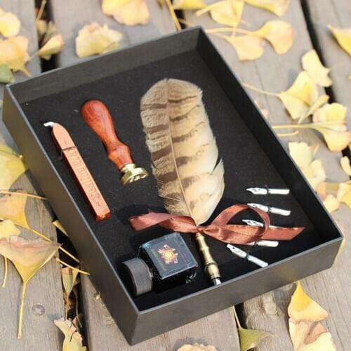 Best Antique Nature Owl Feather Dip Pen Set English Calligraphy Pen Christmas Gift