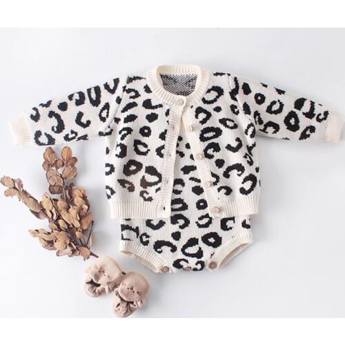Autumn Leopard Knitted Baby Clothes Sets Baby Girl Clothes Newborn Baby Girl Romper Cotton Baby Cardigan Sweater Romper Jumpsuit