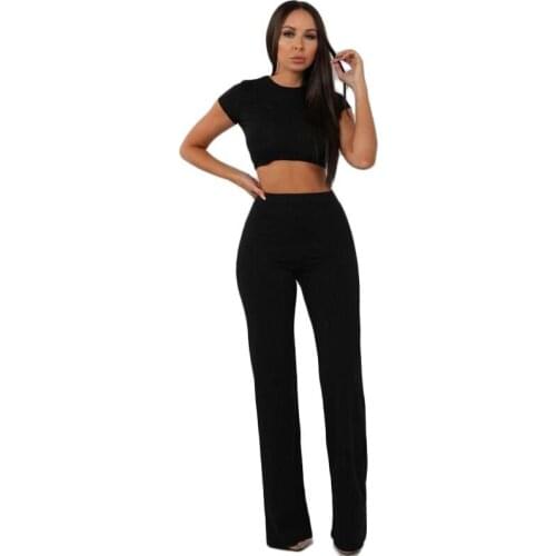 Casual Suit Black Women Elastic Waist Cotton Wide Leg Pants Two-piece Suit Girls Two Piece Outfits Sexy Knitted Pantsuit Female