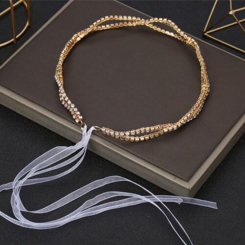 Full Rhinestone Inlaid Headband with Ribbon Handmade Wedding Headband Hair Accessories for Wedding Party LB