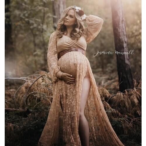 Strech Waist Maternity Lace V neck Open Front Photography Prop Gown Pregn Yewendress Long Sleeves