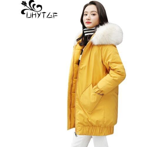 UHYTGF Women winter down jacket parkas mujer Mid-length female thick warm plus size coat Fur collar hooded casual coat women 302