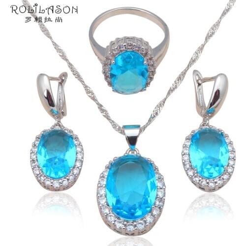 ROLILASON light Blue Fashion jewelry Sets silver color stamp AAA CZ Earrings Necklace rings sz #5.5 #6.5 #7.5 #8.5 JS585