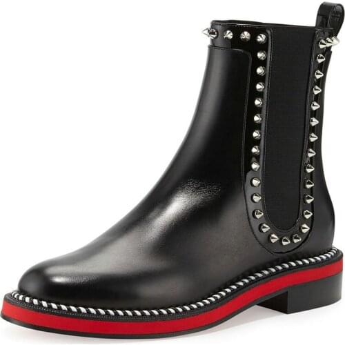 Luxury Genuine Leather Chelsea Boots Woman Brand Design Flat boots 2019 Fall Red Ankle Boots Ladies Fashion Studded Boots