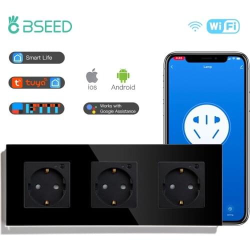 BSEED Wifi EU Standard Wall Socket Triple Socket 16A 100V-240V White Black Gloden Crystal Glass Panel Support For Tuya App