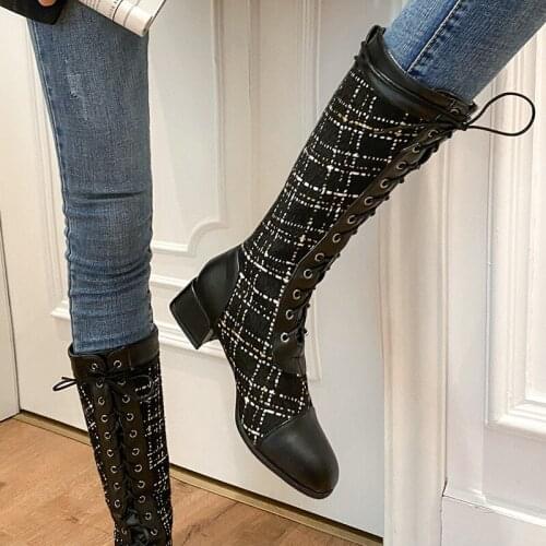 YMECHIC Plush High-Heeled Cross-Lace Knight Boots 2021 Fall Checkerboard Woven Tweed Lattice Imported Pattern Stitching PU Shoes