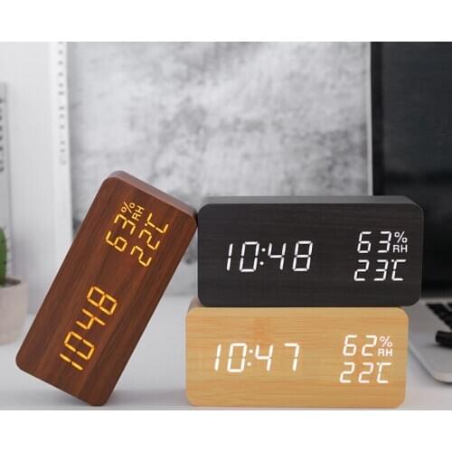 LED Wooden Table Clock Desktop Square USB/AAA Powerd Digital Display Voice Control Snooze Electronic Alarm Clock Eye Protection