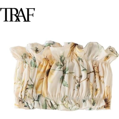 TRAF Women Sexy Fashion Floral Print Ruffled Cropped Tank Tops Vintage Backless Elastic Trims Summer Female Camis Mujer
