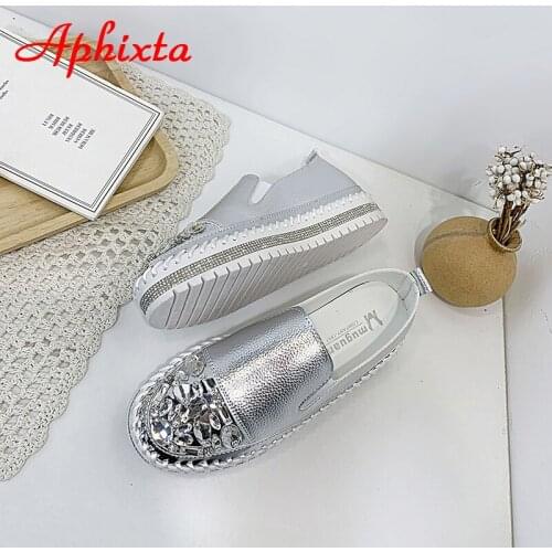 Crystals Round Toe Leather Flats Shoes Women Silver Bling Loafers Couple Platform Shoes Woman Flat with Students Size 43