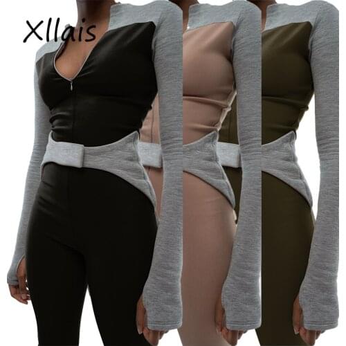 XLLAIS Knitted Cotton Patchwork Stretch Jumpsuits Women Sexy Long Sleeve Including Sash Streetwear Soft Overalls Lady Rompers