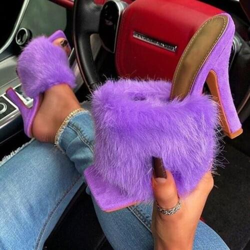 Woman Thin High Heels Fur Sandals Square Toe Mules Pumps Slides Slip on Casual Slippers Flip Flops Party Dress Birthday Shoes