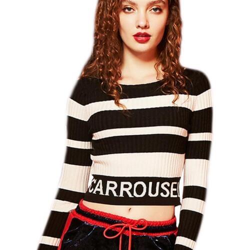 Black And White Striped Letter Tight Short Sweater Women 2019 Spring New Streetwear Round Neck Long Sleeve Knitted Pullover H250