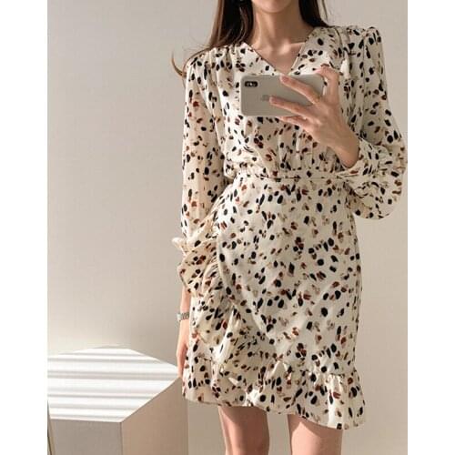 Fashion 2020 Spring Summer V-neck Full Sleeve Dress Elegant Ladies Korean Chic Vintage Ruffles Romantic Party Club Dress Female