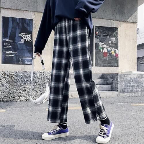 2020 Fashion Harajuku Streetwear Plaid Pants Women High Waist Loose Wide Leg Pants Korean Hip Hop Men Trousers