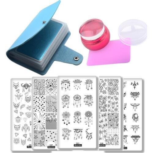 5Pc Geometry Animal Leaf Nail Stamping Plates+1Pc Blue 20Slots Plate Holder+1pc Rose Gold Metal Handle Jelly Stamper Scraper Set