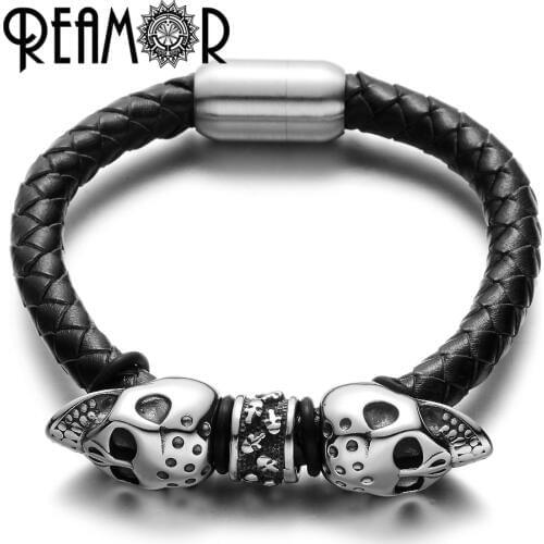 REAMOR Skull Beads Design Bracelet 316L Stainless Steel Bead Leather Bracelets & Bangles Luxury Men Jewelry with Magnet Clasp