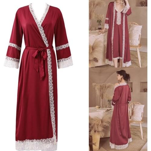 2 Pieces Pajamas Elegant Silk Lace Bath Gown Modern Bathrobe With Belt Bridal Robe Custom Made Nightgown