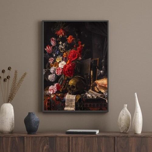 Skull and Flowers Still Life Oil Painting On Canvas Poster Death Wall Art Picture Macabre Style Decoration Prints for Home Room