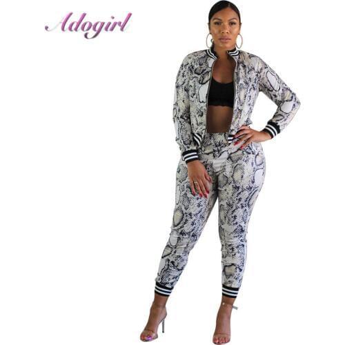 Adogirl Snake Skin Print 2 Piece Set Suit Casual Zipper Up Long Sleeve Jacket Tosp +High Waist Ankle Pants Autumn Outwear Coat
