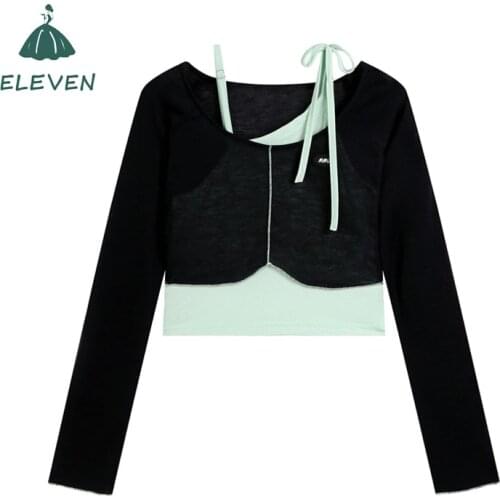 Hot Girl Blouse Suit Womens Early Autumn Long-Sleeved Self-Cultivation Street-Fried Short Sling T-shirt Stacked Two-Piece Suit