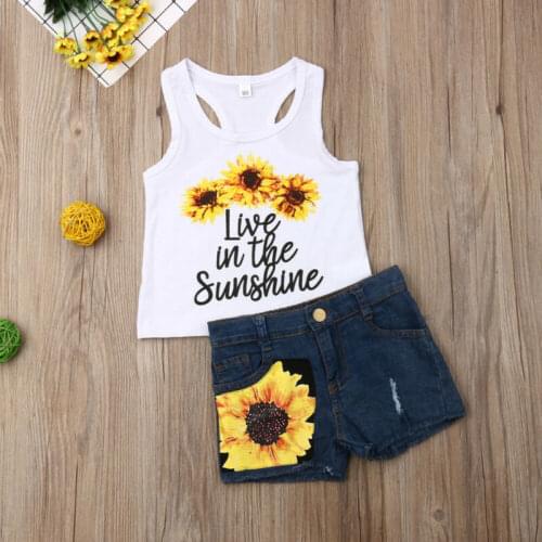 Summer baby girls boutique cotton outfits children clothes Sunflower Print Vest Tops Denim Shorts 2Pcs Outfits