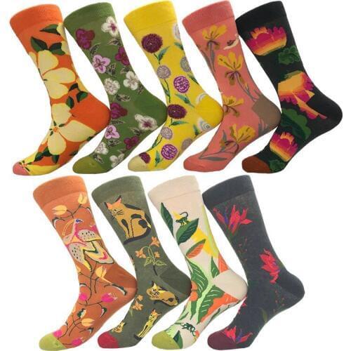 Cartoon Cat Bird Animal Print Flower Colorful Happy Funny Cute Socks Women Cotton Jacquard Harajuku Hip Hop Socks Autumn Winter