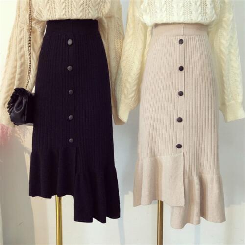 Autumn Winter Vintage Women Knitted Skirts High Waist Midi Long Pakage Hip Knitted Mermaid Skirt Female Single button Skirt 641