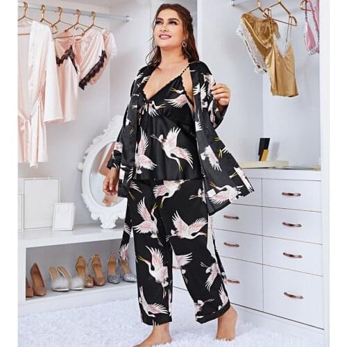 Large Size Women Satin Pajamas Set 3PCS Print Crane Sleep Suit Sleepwear Nightwear Sexy V-Neck Nightgown Kimono Summer Homewear