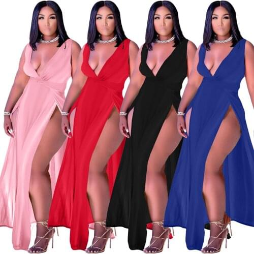 Dresses for Women Sexy & Club Asymmetrical Ankle-Length V-Neck Solid Sleeveless Split Skirt Pullover Summer Dress Woman