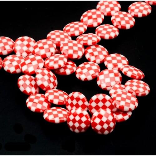 14mm Red White Square Pattern Flat Round Beads Lampwork Glass Beads Spacer Loose Beads For Jewelry Making DIY Bracelet Necklace