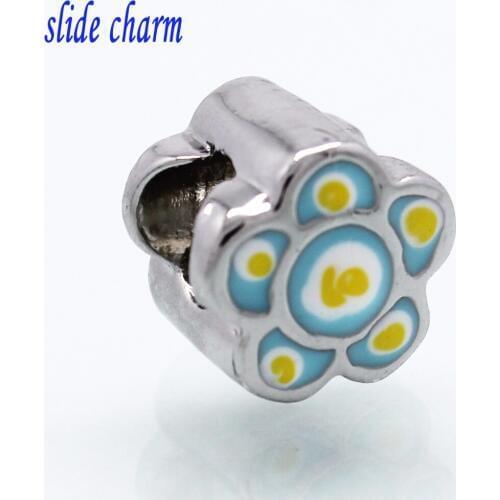 Slide charm The New Plants Fashion Jewelry blue white yellow Emaille flower charm beads fit Pandora bracelet free shipping