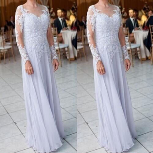 YNQNFS 2020 Plus Size Chiffon Brides Mother Dress Elegant Long Sleeve Applique Formal Wedding Guest Dress Vestidos