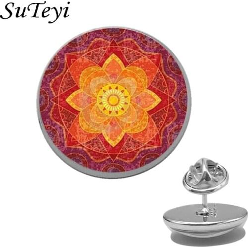 SUTEYI New Style Mandala Pin Brooch Crystal Cabochon Shirt Brooches For Women Mens Geometry Yoga Picture Lapel Pins Zen Jewelry