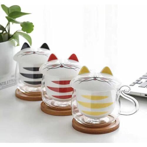 LUWU heat-resistant glass tea mugs cute cat coffee cup 300ml