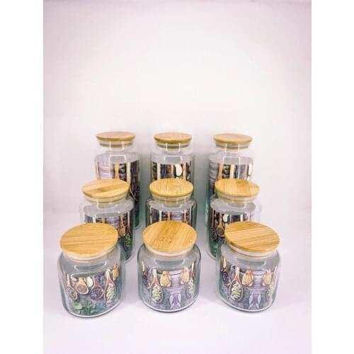 Heart Bamboo Cap Vacuum Borosilicate Glass Jar 3 Size-9 Pcs