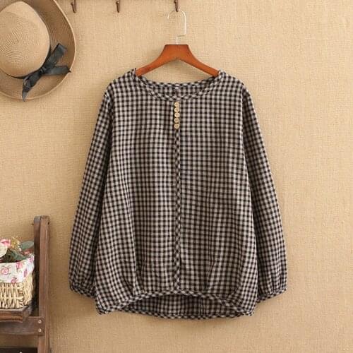 Women Plus Size 2021 Fall And Spring Clothing Trendy Round Collar Shirt Long Sleeves Checkered Pattern Widen and Fatten Large